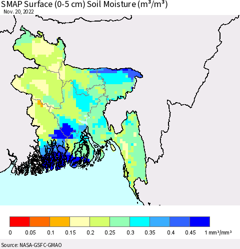 Bangladesh SMAP Surface (0-5 cm) Soil Moisture (m³/m³) Thematic Map For 11/16/2022 - 11/20/2022