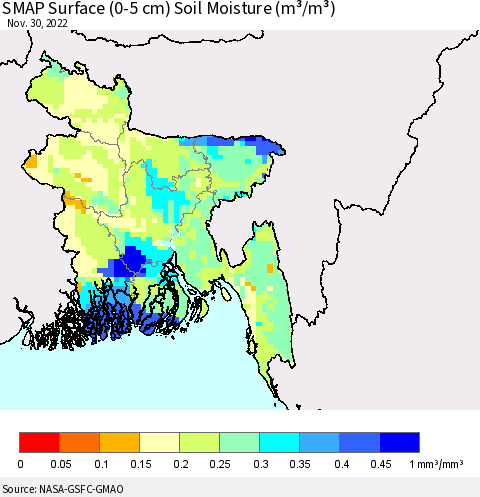 Bangladesh SMAP Surface (0-5 cm) Soil Moisture (m³/m³) Thematic Map For 11/26/2022 - 11/30/2022