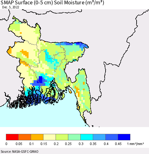 Bangladesh SMAP Surface (0-5 cm) Soil Moisture (m³/m³) Thematic Map For 12/1/2022 - 12/5/2022