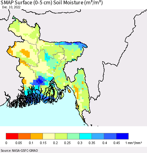 Bangladesh SMAP Surface (0-5 cm) Soil Moisture (m³/m³) Thematic Map For 12/6/2022 - 12/10/2022
