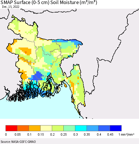 Bangladesh SMAP Surface (0-5 cm) Soil Moisture (m³/m³) Thematic Map For 12/11/2022 - 12/15/2022