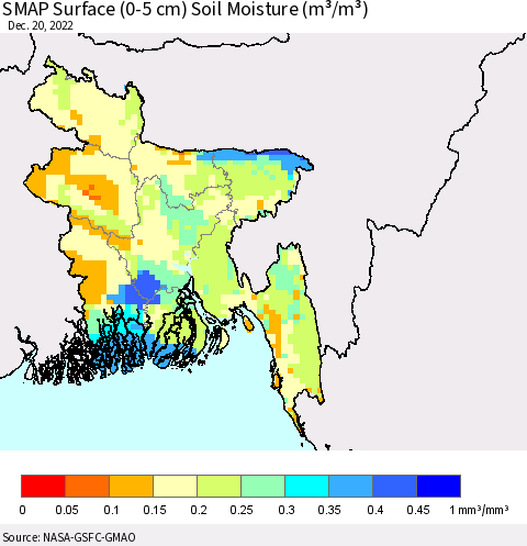 Bangladesh SMAP Surface (0-5 cm) Soil Moisture (m³/m³) Thematic Map For 12/16/2022 - 12/20/2022