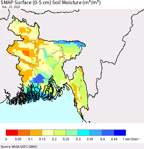 Bangladesh SMAP Surface (0-5 cm) Soil Moisture (m³/m³) Thematic Map For 12/21/2022 - 12/25/2022