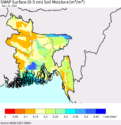 Bangladesh SMAP Surface (0-5 cm) Soil Moisture (m³/m³) Thematic Map For 12/26/2022 - 12/31/2022