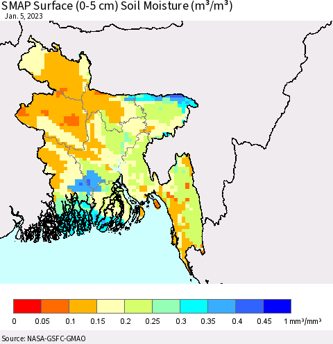 Bangladesh SMAP Surface (0-5 cm) Soil Moisture (m³/m³) Thematic Map For 1/1/2023 - 1/5/2023