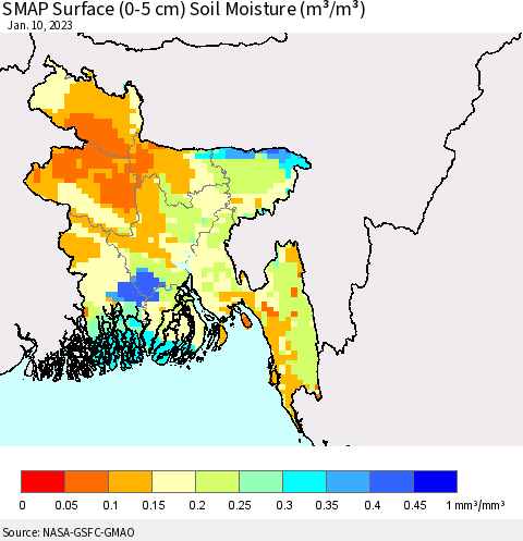Bangladesh SMAP Surface (0-5 cm) Soil Moisture (m³/m³) Thematic Map For 1/6/2023 - 1/10/2023