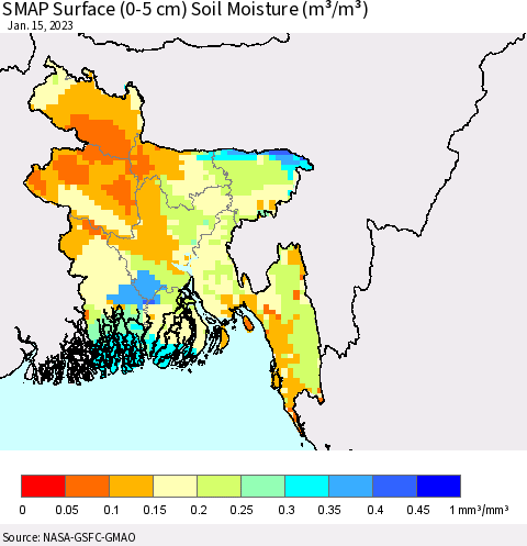 Bangladesh SMAP Surface (0-5 cm) Soil Moisture (m³/m³) Thematic Map For 1/11/2023 - 1/15/2023