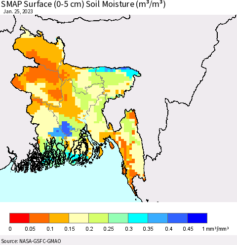 Bangladesh SMAP Surface (0-5 cm) Soil Moisture (m³/m³) Thematic Map For 1/21/2023 - 1/25/2023