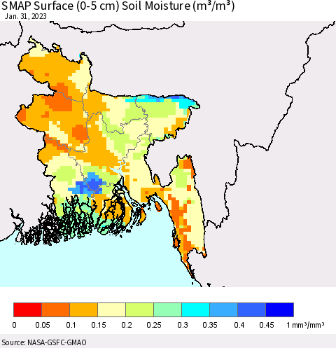 Bangladesh SMAP Surface (0-5 cm) Soil Moisture (m³/m³) Thematic Map For 1/26/2023 - 1/31/2023
