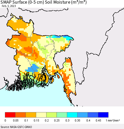 Bangladesh SMAP Surface (0-5 cm) Soil Moisture (m³/m³) Thematic Map For 2/1/2023 - 2/5/2023