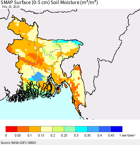 Bangladesh SMAP Surface (0-5 cm) Soil Moisture (m³/m³) Thematic Map For 2/6/2023 - 2/10/2023