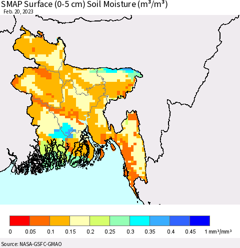 Bangladesh SMAP Surface (0-5 cm) Soil Moisture (m³/m³) Thematic Map For 2/16/2023 - 2/20/2023