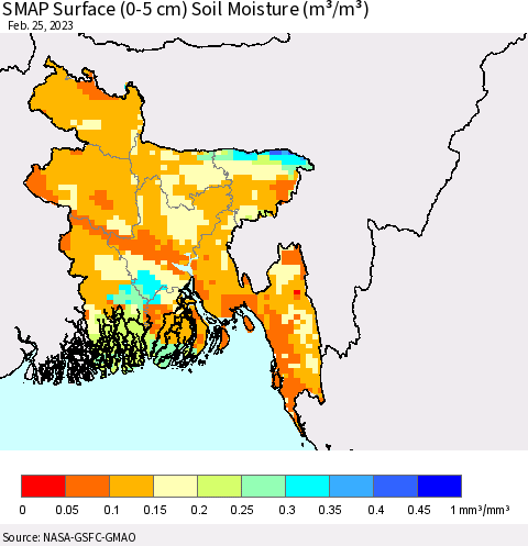 Bangladesh SMAP Surface (0-5 cm) Soil Moisture (m³/m³) Thematic Map For 2/21/2023 - 2/25/2023