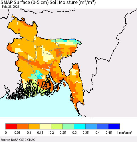 Bangladesh SMAP Surface (0-5 cm) Soil Moisture (m³/m³) Thematic Map For 2/26/2023 - 2/28/2023