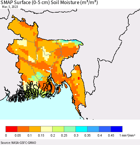 Bangladesh SMAP Surface (0-5 cm) Soil Moisture (m³/m³) Thematic Map For 3/1/2023 - 3/5/2023