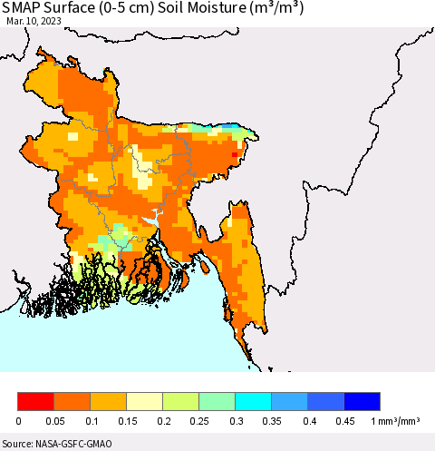 Bangladesh SMAP Surface (0-5 cm) Soil Moisture (m³/m³) Thematic Map For 3/6/2023 - 3/10/2023