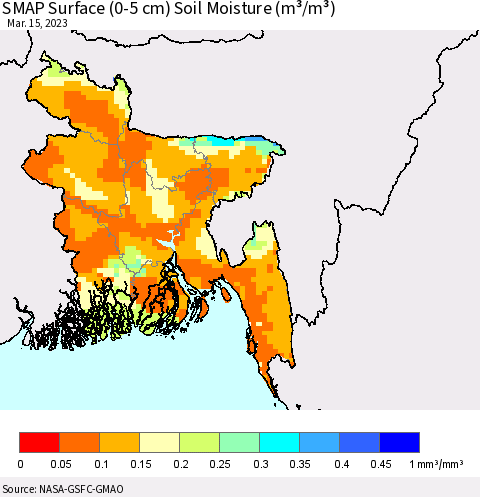 Bangladesh SMAP Surface (0-5 cm) Soil Moisture (m³/m³) Thematic Map For 3/11/2023 - 3/15/2023