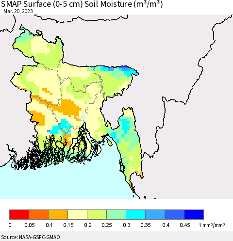Bangladesh SMAP Surface (0-5 cm) Soil Moisture (m³/m³) Thematic Map For 3/16/2023 - 3/20/2023