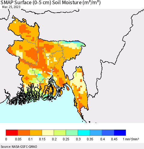 Bangladesh SMAP Surface (0-5 cm) Soil Moisture (m³/m³) Thematic Map For 3/21/2023 - 3/25/2023