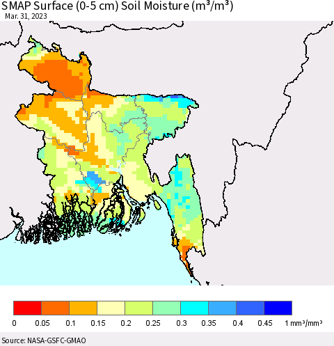 Bangladesh SMAP Surface (0-5 cm) Soil Moisture (m³/m³) Thematic Map For 3/26/2023 - 3/31/2023