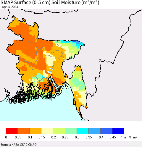 Bangladesh SMAP Surface (0-5 cm) Soil Moisture (m³/m³) Thematic Map For 4/1/2023 - 4/5/2023