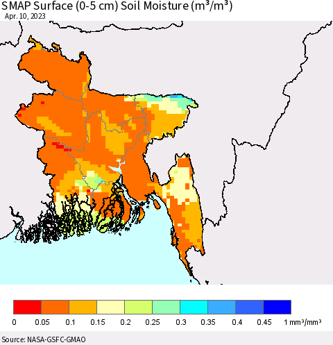 Bangladesh SMAP Surface (0-5 cm) Soil Moisture (m³/m³) Thematic Map For 4/6/2023 - 4/10/2023