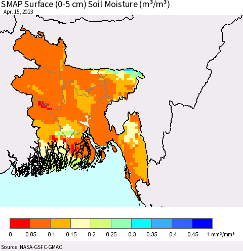 Bangladesh SMAP Surface (0-5 cm) Soil Moisture (m³/m³) Thematic Map For 4/11/2023 - 4/15/2023