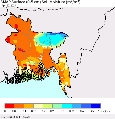 Bangladesh SMAP Surface (0-5 cm) Soil Moisture (m³/m³) Thematic Map For 4/16/2023 - 4/20/2023