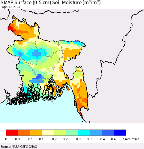 Bangladesh SMAP Surface (0-5 cm) Soil Moisture (m³/m³) Thematic Map For 4/26/2023 - 4/30/2023