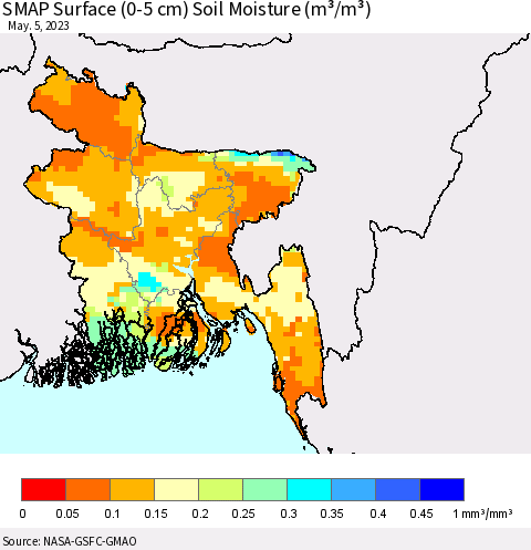 Bangladesh SMAP Surface (0-5 cm) Soil Moisture (m³/m³) Thematic Map For 5/1/2023 - 5/5/2023
