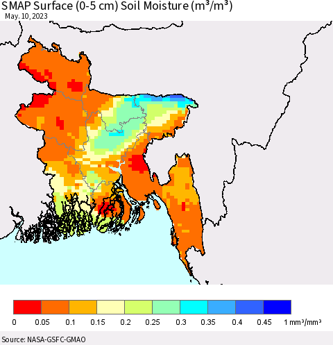 Bangladesh SMAP Surface (0-5 cm) Soil Moisture (m³/m³) Thematic Map For 5/6/2023 - 5/10/2023