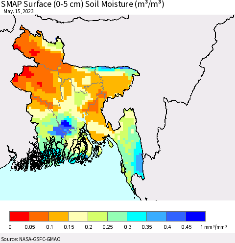 Bangladesh SMAP Surface (0-5 cm) Soil Moisture (m³/m³) Thematic Map For 5/11/2023 - 5/15/2023