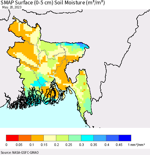 Bangladesh SMAP Surface (0-5 cm) Soil Moisture (m³/m³) Thematic Map For 5/16/2023 - 5/20/2023