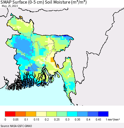 Bangladesh SMAP Surface (0-5 cm) Soil Moisture (m³/m³) Thematic Map For 5/21/2023 - 5/25/2023