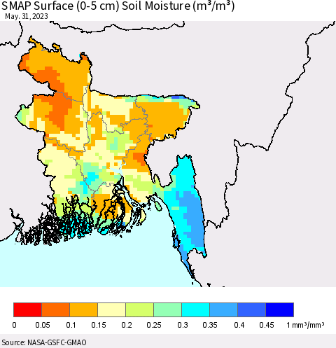 Bangladesh SMAP Surface (0-5 cm) Soil Moisture (m³/m³) Thematic Map For 5/26/2023 - 5/31/2023