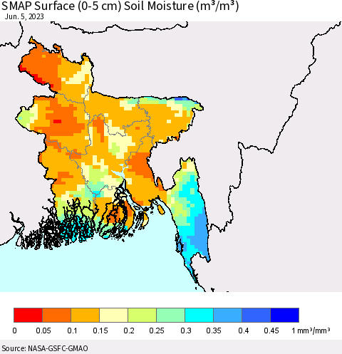 Bangladesh SMAP Surface (0-5 cm) Soil Moisture (m³/m³) Thematic Map For 6/1/2023 - 6/5/2023