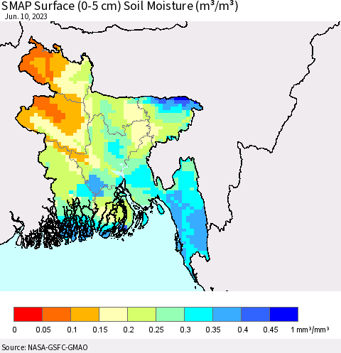 Bangladesh SMAP Surface (0-5 cm) Soil Moisture (m³/m³) Thematic Map For 6/6/2023 - 6/10/2023