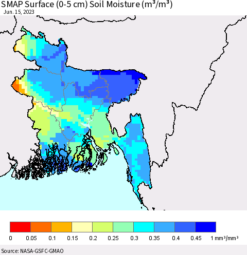 Bangladesh SMAP Surface (0-5 cm) Soil Moisture (m³/m³) Thematic Map For 6/11/2023 - 6/15/2023