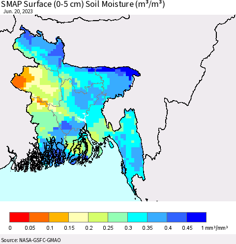 Bangladesh SMAP Surface (0-5 cm) Soil Moisture (m³/m³) Thematic Map For 6/16/2023 - 6/20/2023