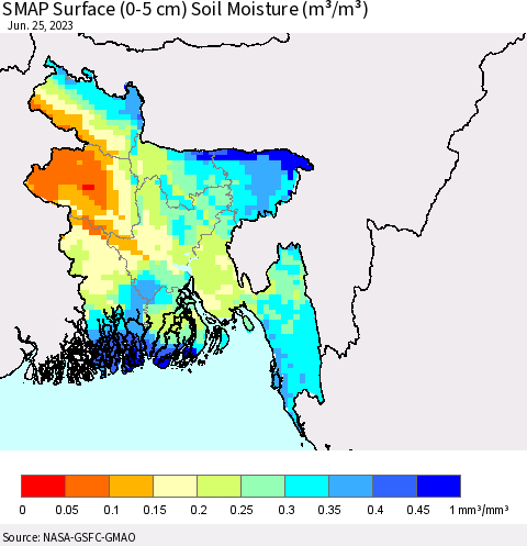 Bangladesh SMAP Surface (0-5 cm) Soil Moisture (m³/m³) Thematic Map For 6/21/2023 - 6/25/2023