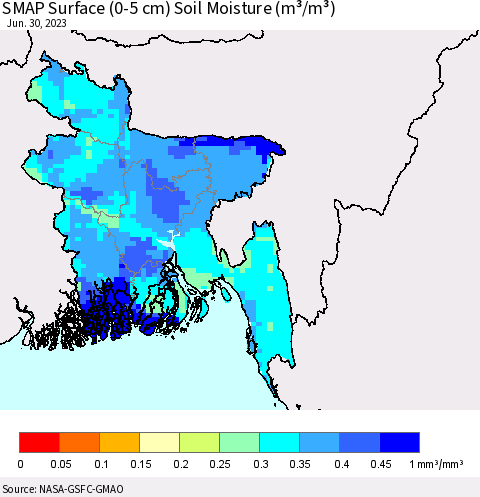 Bangladesh SMAP Surface (0-5 cm) Soil Moisture (m³/m³) Thematic Map For 6/26/2023 - 6/30/2023