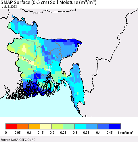 Bangladesh SMAP Surface (0-5 cm) Soil Moisture (m³/m³) Thematic Map For 7/1/2023 - 7/5/2023