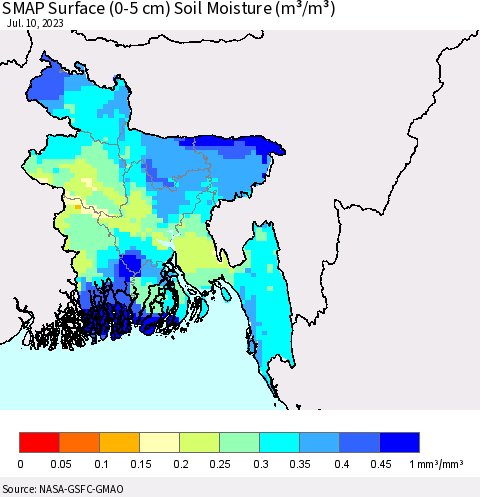 Bangladesh SMAP Surface (0-5 cm) Soil Moisture (m³/m³) Thematic Map For 7/6/2023 - 7/10/2023