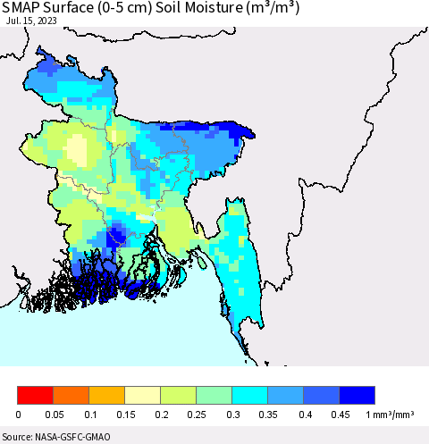 Bangladesh SMAP Surface (0-5 cm) Soil Moisture (m³/m³) Thematic Map For 7/11/2023 - 7/15/2023
