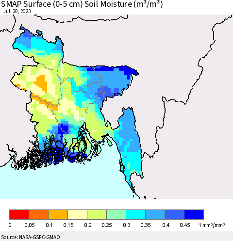 Bangladesh SMAP Surface (0-5 cm) Soil Moisture (m³/m³) Thematic Map For 7/16/2023 - 7/20/2023