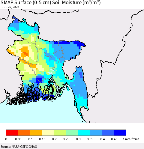 Bangladesh SMAP Surface (0-5 cm) Soil Moisture (m³/m³) Thematic Map For 7/21/2023 - 7/25/2023