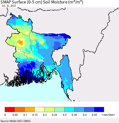 Bangladesh SMAP Surface (0-5 cm) Soil Moisture (m³/m³) Thematic Map For 7/26/2023 - 7/31/2023