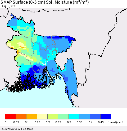 Bangladesh SMAP Surface (0-5 cm) Soil Moisture (m³/m³) Thematic Map For 8/1/2023 - 8/5/2023