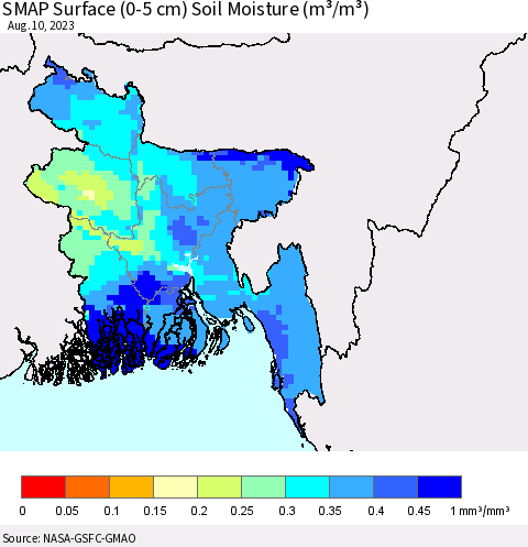 Bangladesh SMAP Surface (0-5 cm) Soil Moisture (m³/m³) Thematic Map For 8/6/2023 - 8/10/2023