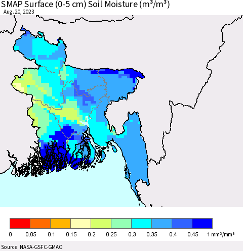 Bangladesh SMAP Surface (0-5 cm) Soil Moisture (m³/m³) Thematic Map For 8/16/2023 - 8/20/2023